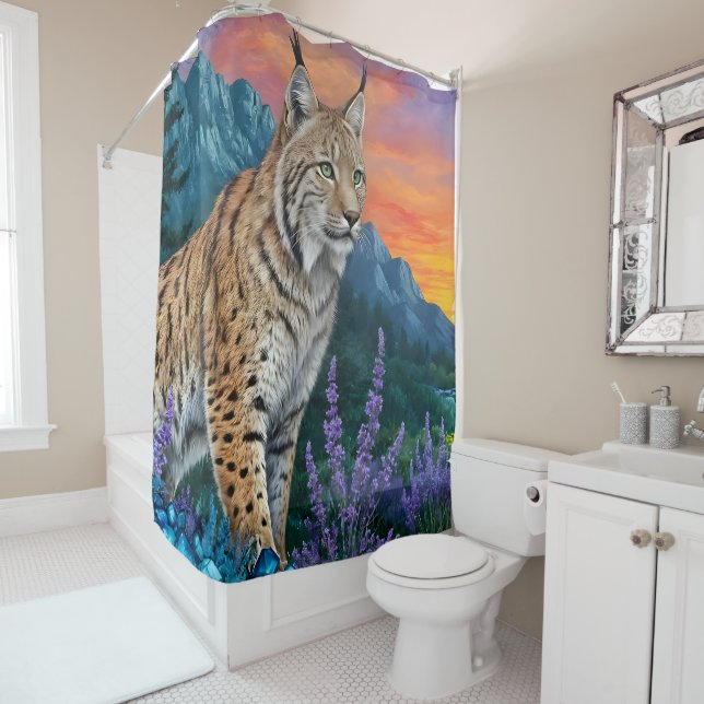 Luchs bei Sonnenaufgang durch Wasserfall Duschvorhang (Beispiel)