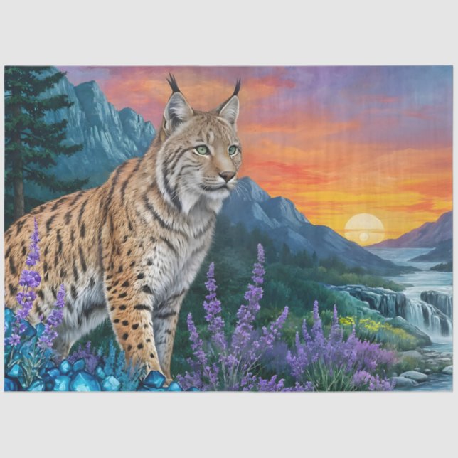 Luchs bei Sonnenaufgang durch Wasserfall Seidenpapier (Vorderseite)