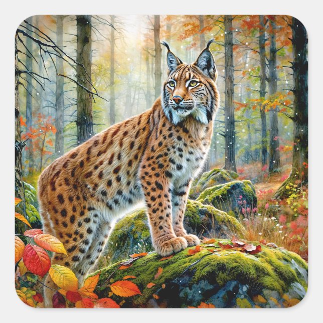 Luchs im Herbstwald Autumcore Wasserfarbe Quadratischer Aufkleber (Vorderseite)