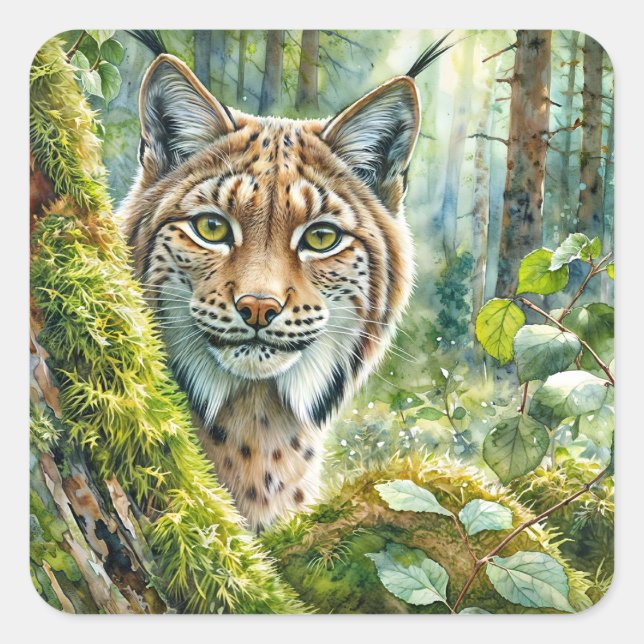 Luchs in üppig grünem Wald Quadratischer Aufkleber (Vorderseite)