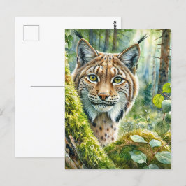 Luchs in üppig grünem Wald Wasserfarbe Postkarte