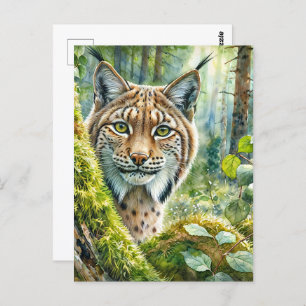 Luchs in üppig grünem Wald Wasserfarbe Postkarte