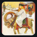 Lucia Riding a Christmas Goat Quadratischer Aufkleber<br><div class="desc">Niedliches Bild der kleinen Lucia mit ihrer Kerzenkrone auf dem Weihnachtsziege im Schnee. Vintage-Bild c1916.</div>