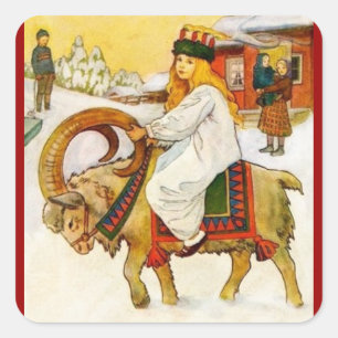 Lucia Riding a Christmas Goat Quadratischer Aufkleber