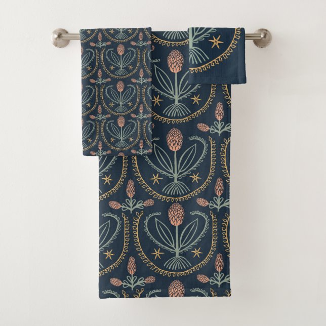 Lucile Floral Botanisches Fliesenmuster Deep BLue Badhandtuch Set (Insitu)