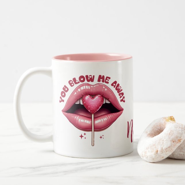 Lucious Pink Lips mit Herz geformt Lollipop Zweifarbige Tasse (Mit Donut)