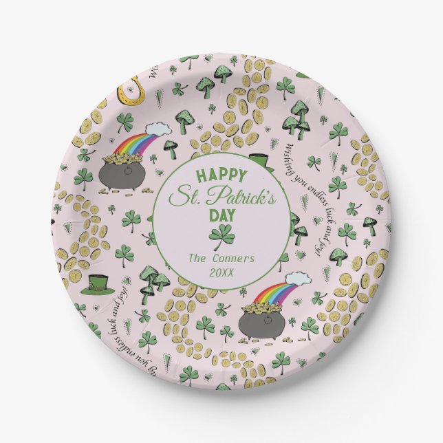 Luck & Joy Coins & Green Kleeblatts St Patricks Da Pappteller (Vorderseite)