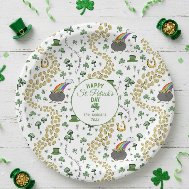 Luck & Joy Coins & Green Kleeblatts St Patricks Da Pappteller (Happy St Patrick's Day Paper Plates for Saint Patricks Day Party. Green Shamrocks, Rainbow Pattern)