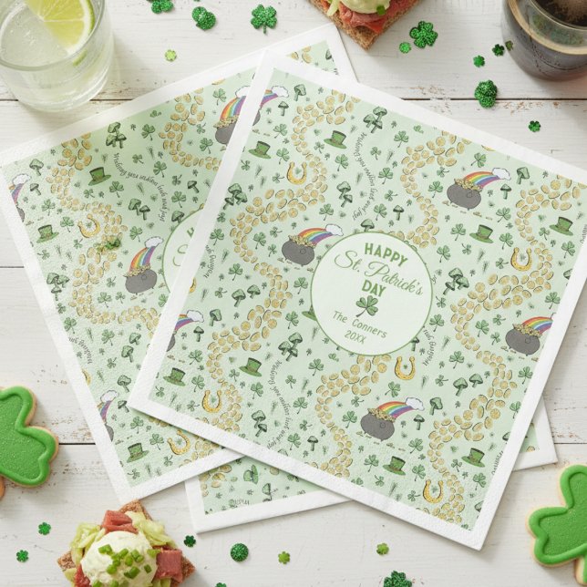 Luck & Joy Coins & Green Kleeblatts St Patricks Da Serviette (Green Saint Patrick's Day Napkins for St Patrick's Day Party. Fun Lucky Shamrocks & Rainbow Pattern)