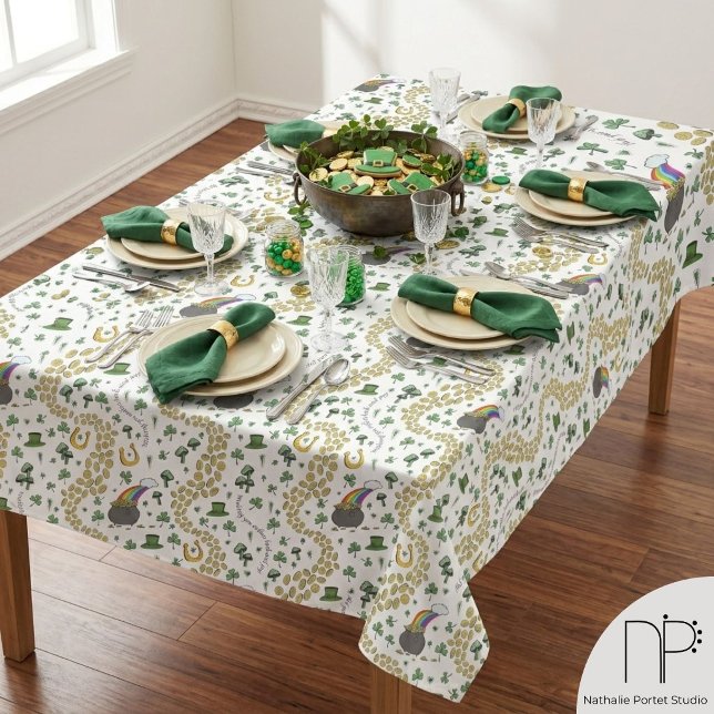 Luck & Joy Coins & Green Kleeblatts St Patricks Da Tischdecke (Hand drawn St Patricks Day tablecloth with luck and joy messages and whimsical Irish party art)