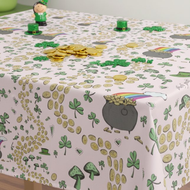 Luck & Joy Coins & Green Kleeblatts St Patricks Da Tischdecke (Pink & Green Lucky Shamrock, Pot of Gold, Rainbow & Good Luck Gold Coins St Patrick's Day Tablecloth)