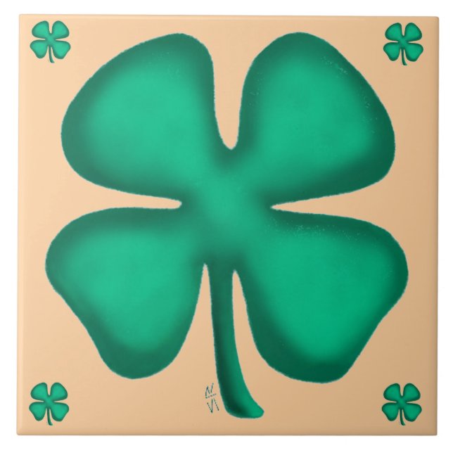 Lucky 4 Leaf Irish Clover 5 tan large tile Fliese (Vorderseite)