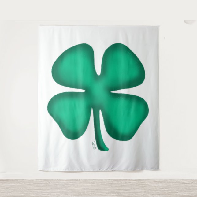 Lucky 4 Leaf Irish Clover weiße Tapisserie Wandteppich (Vorderseite)