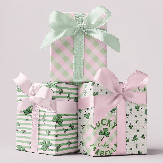 Lucky Baby Pink und Green St Paddys Geschenkpapier Set (Cute Pink St. Patrick's Day Baby 
Girl Gift Wrap. Personalized Name. Green Shamrocks, Hearts, etc.)