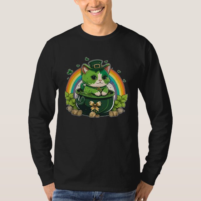 Lucky Cat and Pot Rainbow Shamrock St Patrick s Da T-Shirt (Vorderseite)