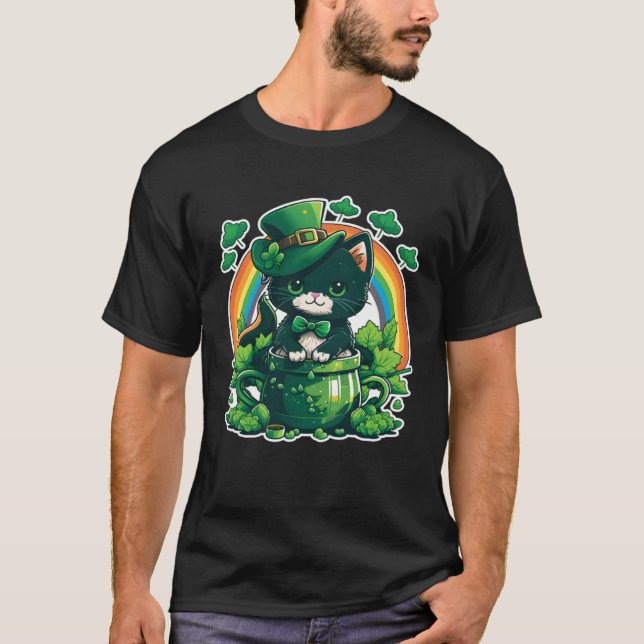 Lucky Cat and Pot Rainbow Shamrock St Patrick s Da T-Shirt (Vorderseite)