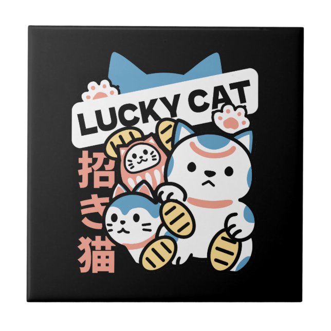 Lucky Cat Art – Maneki Neko mit Goldmünze Fliese (Vorderseite)