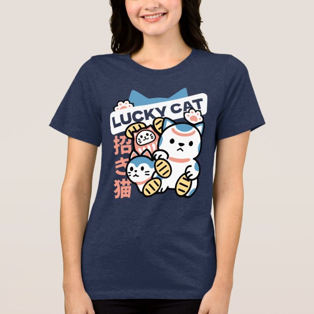 Lucky Cat Art – Maneki Neko with Gold Coin Tri-Blend Shirt (Vorderseite)