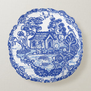 Lucky Cat Blue Willow Koi Bird Asian Pagoda Garden Rundes Kissen