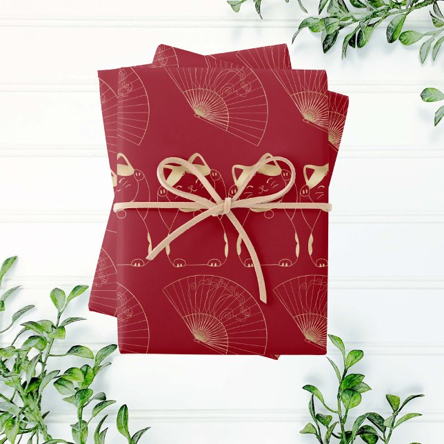 Lucky Cat Maneki Neko asiatisches gutes Glück Red  Geschenkpapier Set (Von Creator hochgeladen)