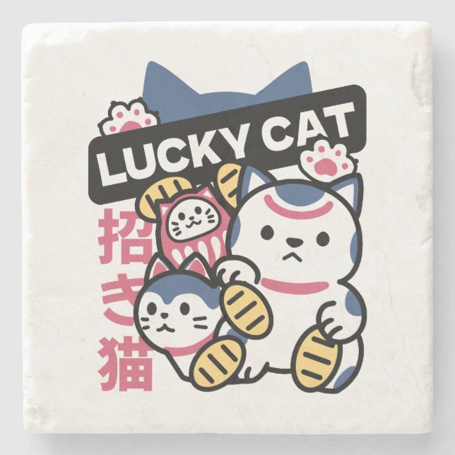 Lucky Cat Maneki Neko – Japanese Fortune Cat  Steinuntersetzer (Vorderseite)