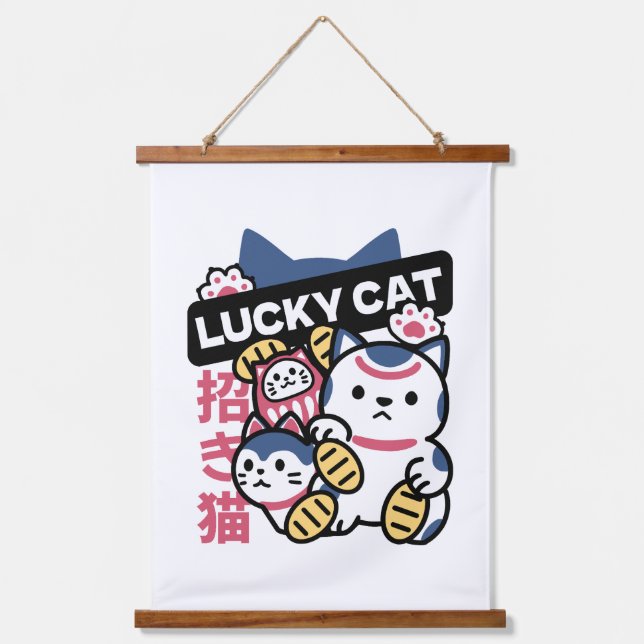 Lucky Cat Maneki Neko – Japanese Fortune Cat  Wandteppich Mit Holzrahmen (Vorderseite)