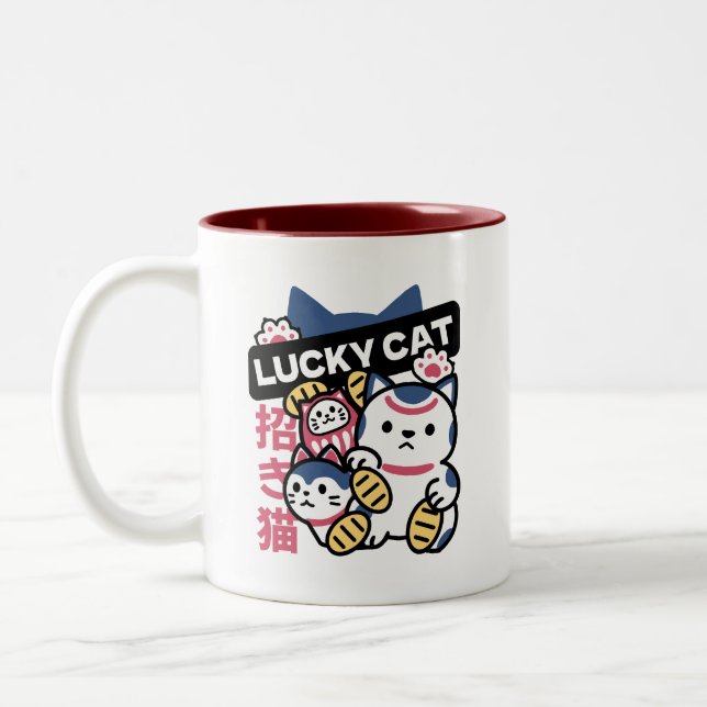 Lucky Cat Maneki Neko – Japanese Fortune Cat  Zweifarbige Tasse (Links)
