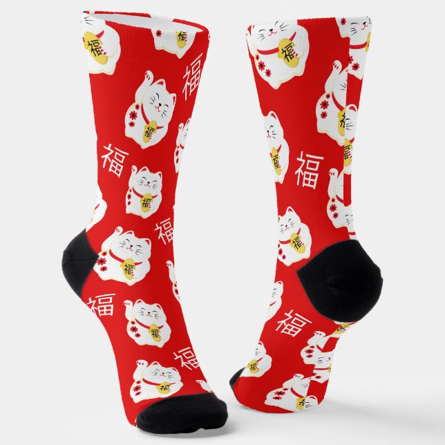 Lucky Cat Rot und Weiß Gemustert Socken (Gewinkelt)