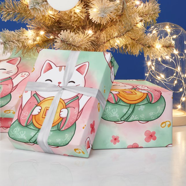 Lucky Charm Cats – Prosperity in Pastel Pattern Geschenkpapier (Feiertage)