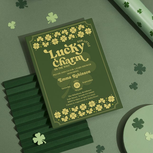 Lucky Charm st Patrick's Day Baby Dusche Einladung (st Patrick's day baby shower Invitation leprechaun green modern lucky little shamrock four leaves)