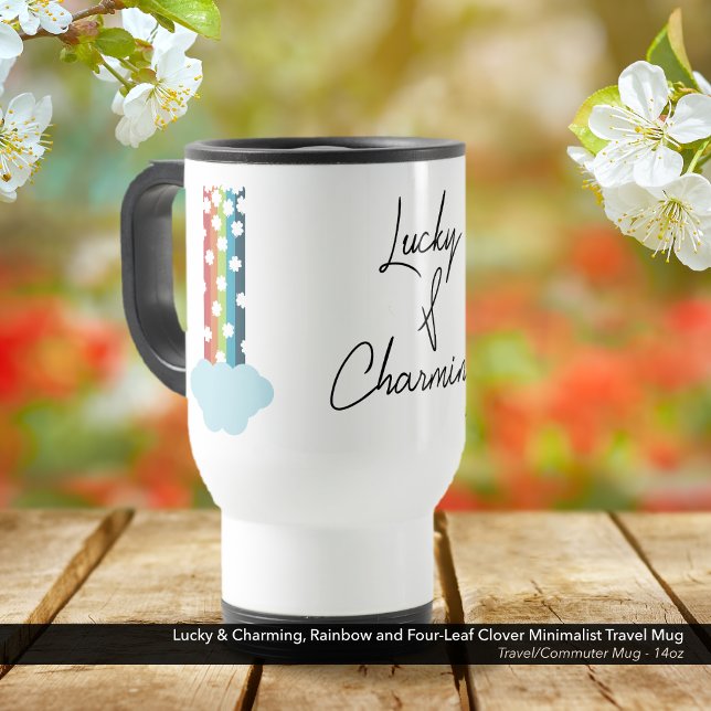 Lucky & Charming Rainbow 4-Leaf Clover Minimalisti Reisebecher (Lucky & Charming, Travel Mug with Rainbow and Four-Leaf Clover Minimalist Design)