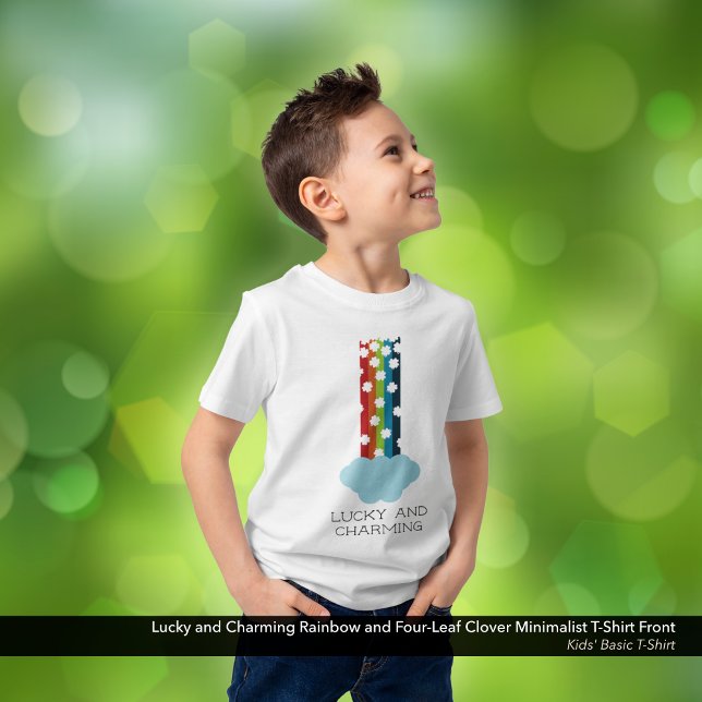 Lucky & Charming Rainbow 4-Leaf Clover Minimalisti T-Shirt (Lucky & Charming, Kid's Basic T-Shirt with a Rainbow and Four-Leaf Clover Minimalist Design.)