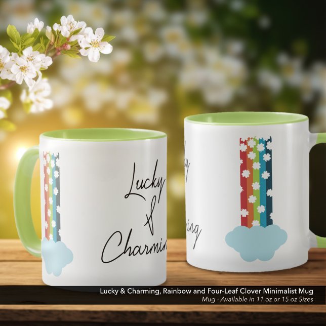 Lucky & Charming Rainbow 4-Leaf Clover Minimalisti Tasse (Lucky & Charming, Coffee Mug with Minimalist Rainbow and Four-Leaf Clover Design)