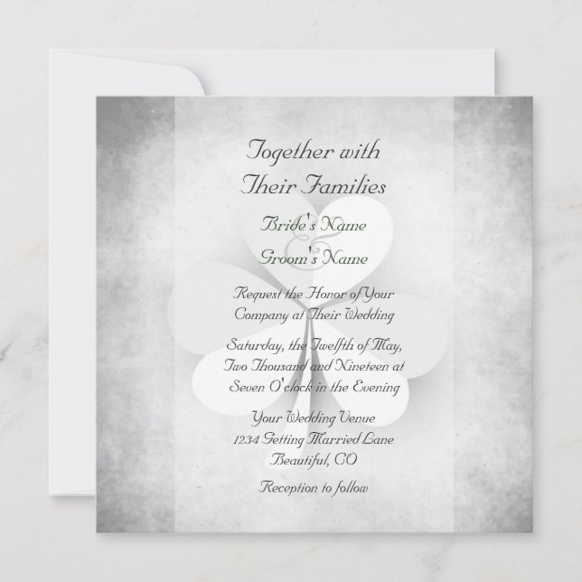 Lucky Clover Gray White Green Orange Irish Wedding Einladung (Vorderseite)