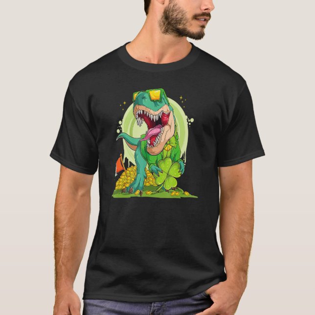 Lucky Dinosaur T Rex Leprechaun Clover Irish Sungl T-Shirt (Vorderseite)