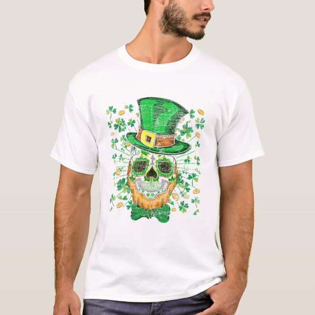 Lucky Four Leaf Kleeblatt Clover Skull Irish St Pa T-Shirt (Vorderseite)