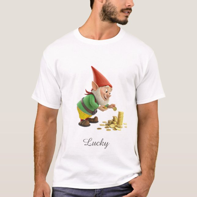 Lucky Gnome with Gold Coins and Script T-Shirt (Vorderseite)