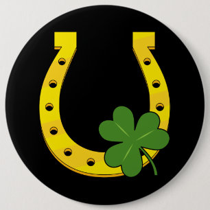 Lucky Golden Horseshoe mit Kleeblatt auf Schwarz Button
