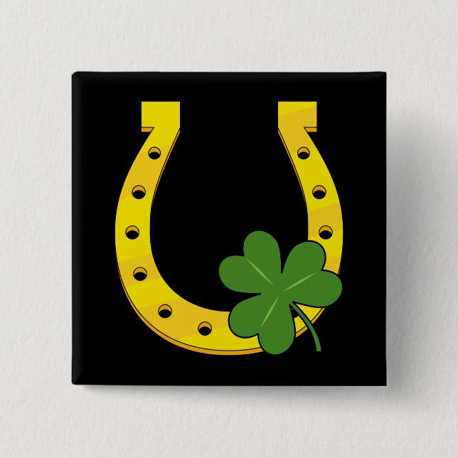Lucky Golden Horseshoe mit Kleeblatt auf Schwarz Button (Vorderseite)