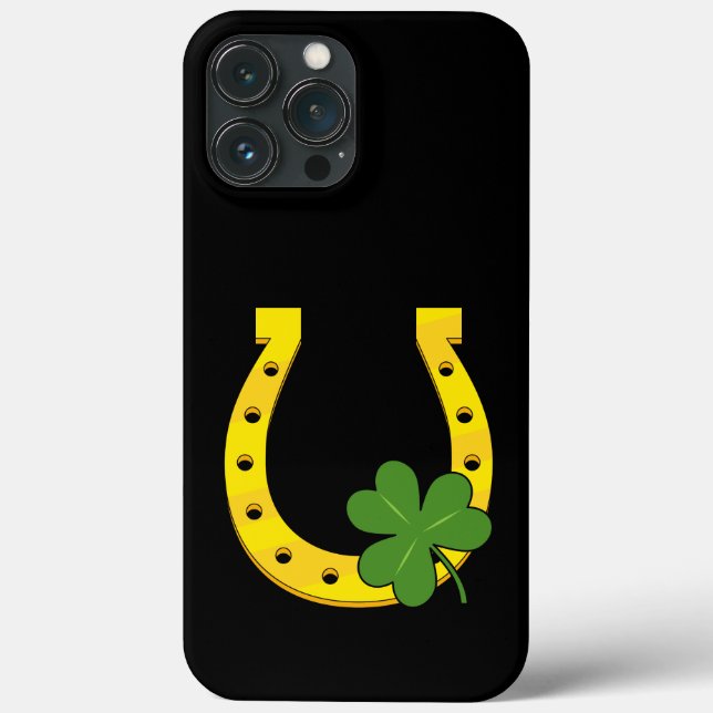 Lucky Golden Horseshoe mit Kleeblatt auf Schwarz Case-Mate iPhone Hülle (Rückseite)