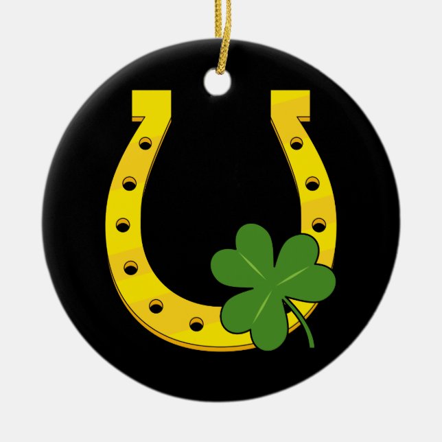 Lucky Golden Horseshoe mit Kleeblatt auf Schwarz Keramik Ornament (Vorne)