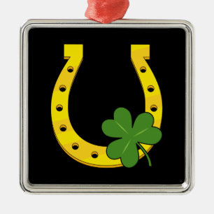 Lucky Golden Horseshoe mit Kleeblatt auf Schwarz Ornament Aus Metall