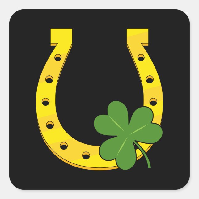 Lucky Golden Horseshoe mit Kleeblatt auf Schwarz Quadratischer Aufkleber (Vorderseite)