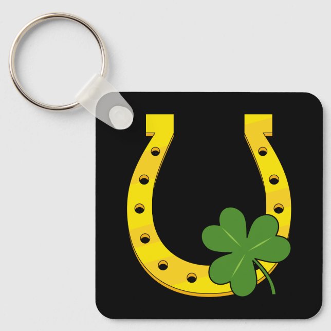 Lucky Golden Horseshoe mit Kleeblatt auf Schwarz Schlüsselanhänger (Vorderseite)