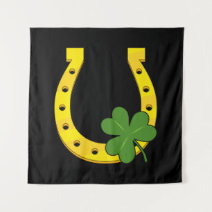 Lucky Golden Horseshoe mit Kleeblatt auf Schwarz Wandteppich