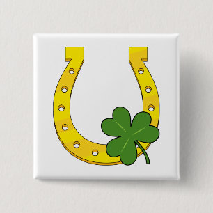 Lucky Golden Horseshoe mit Kleeblatt auf Weiß Button