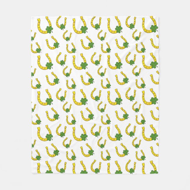 Lucky Golden Horseshoe mit Kleeblatt auf Weiß Fleecedecke (Vorderseite)