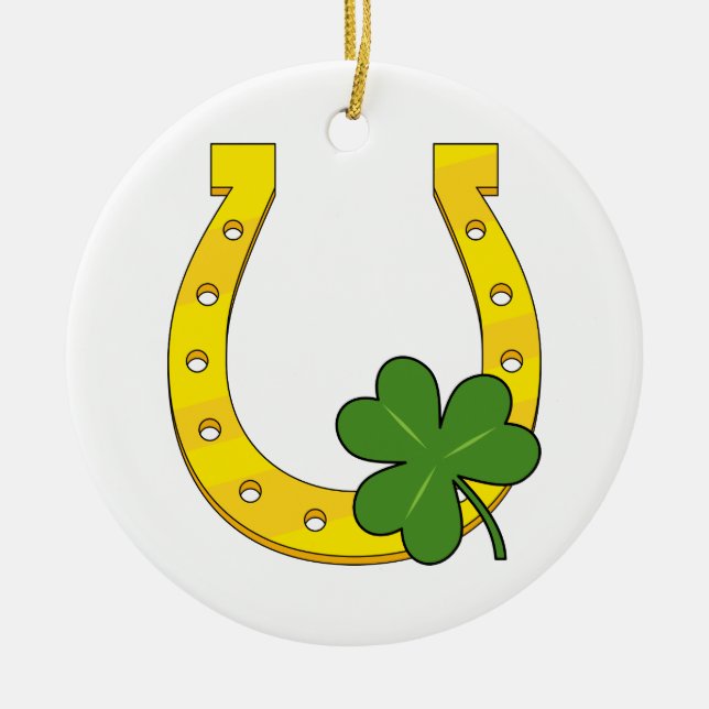 Lucky Golden Horseshoe mit Kleeblatt auf Weiß Keramik Ornament (Vorne)