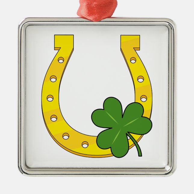 Lucky Golden Horseshoe mit Kleeblatt auf Weiß Ornament Aus Metall (Vorne)