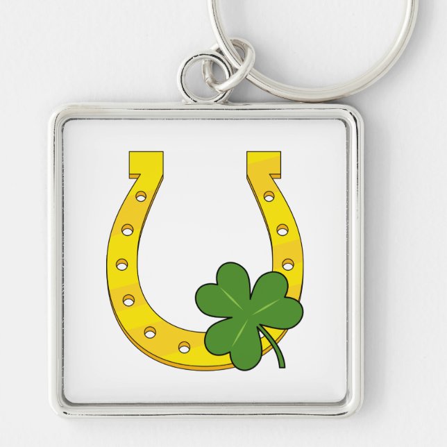 Lucky Golden Horseshoe mit Kleeblatt auf Weiß Schlüsselanhänger (Vorne)